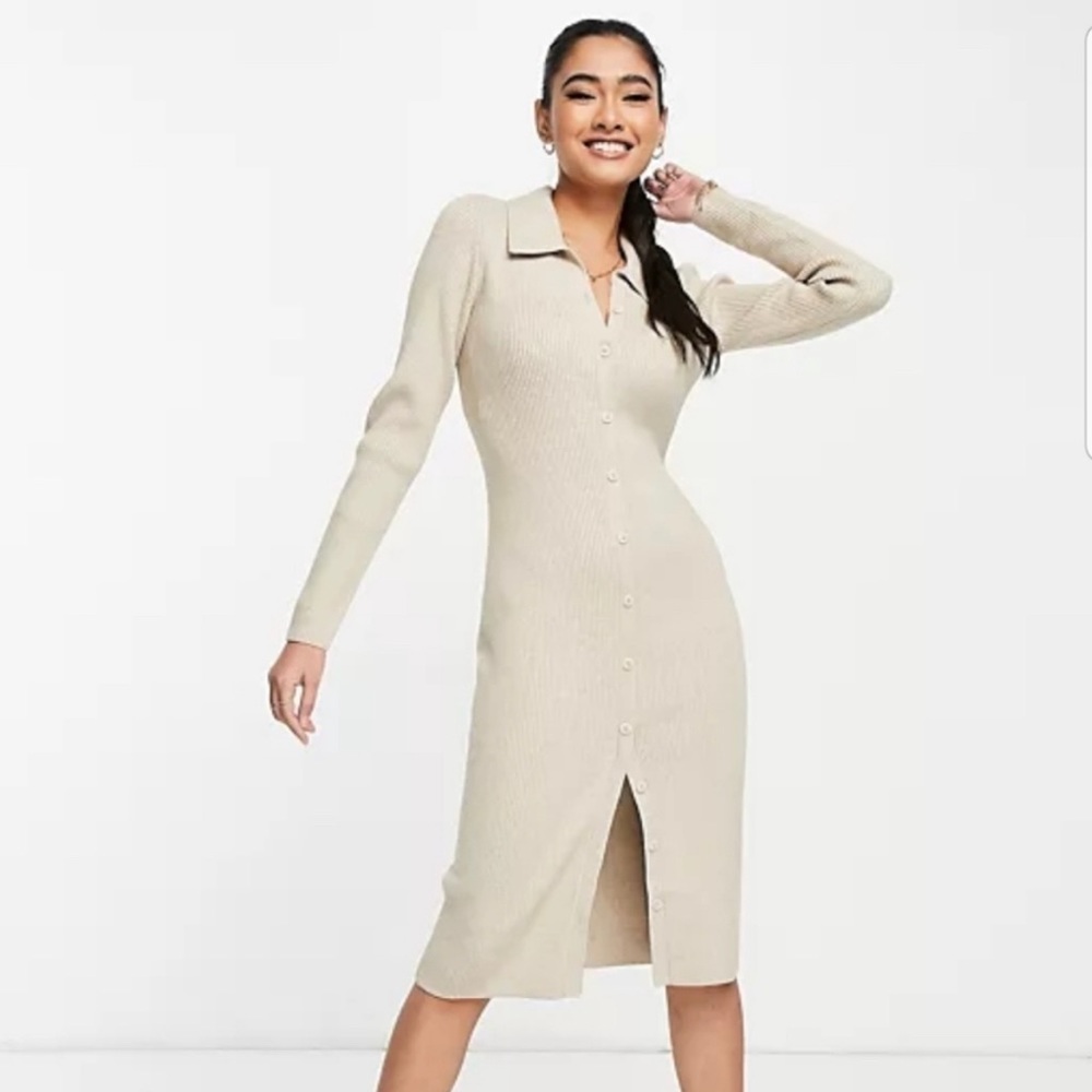 Abercrombie & Fitch Cream Ribbed Button-Up Midi Dress